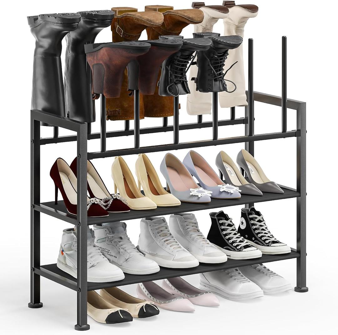 DIMJ Free Standing Shoe Racks - 4-Tier Boot Rack, Black Metal Boot Storage Organizer Tall Boots, Tall Boot Organizer for Closet, Multiuse Shoe Rack for Boots, Sneakers,Fit for 6 Pairs Boots, Black