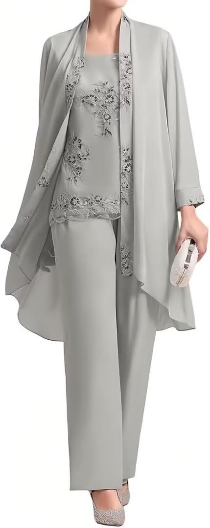 3 Pieces Mother of The Bride Pant Suits - Chiffon Plus Size Wedding Guest Dress Lace Applique Formal Outfit with Jackets Silver Size 14 (Gray)