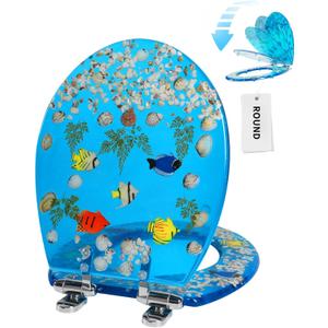 Angol Shiold Resin Toilet Seat Round Soft Close Quick Release 3D Effects Heavy Duty Toilet Seats with Blue Fish Seashells Cover Acrylic Seats Ocean Series (Round 17inch, Blue,Upgraded hinge)