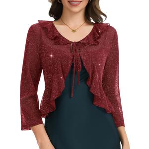 Women's Shrug Sheer Tie Front 3/4 Sleeve Bolero Shrugs Sparkly Lightweight Cropped Cardigan Cover Up for Evening Dress