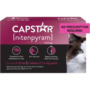 Capstar (nitenpyram) Cat Flea Treatment, Fast-Acting Oral Flea Treatment for Cats 2-25 lbs, Vet-Recommended Medication Tablets Start Killing in 30 Minutes, 6 Doses, EXP: 09/2027