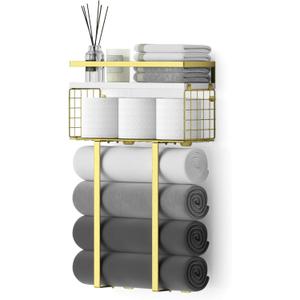 Towel Racks for Bathroom, Bathroom Shelf Over Toilet,Floating Shelves with Towel Rack Paper Holder Storage Basket,Floating Shelves for Wall Decor,Gold (Large)