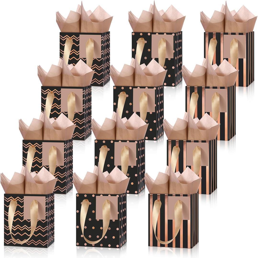 Tenare 12 Pcs Small Gift Bags Mini Metallic Paper Bag Bulk Tiny with Handle Tissue Paper for Gift Wrap Mother's Father's Day Birthday Graduation Party(4 x 2.75 x 4.5 Inch,Black Rose Gold)