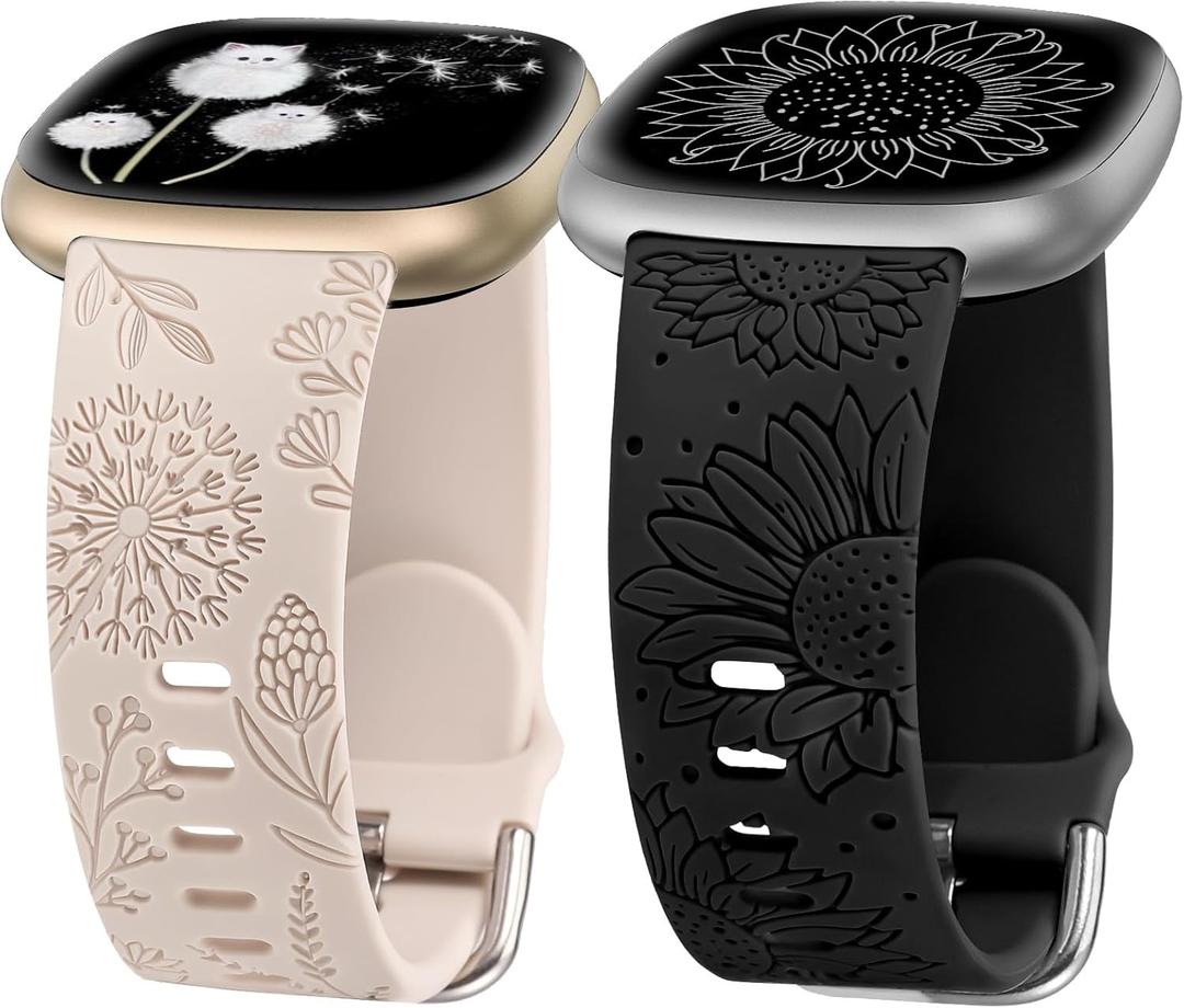 Minyee 2 Packs Floral Engraved Band Compatible with Fitbit Versa 4/Versa 3/Sense 2/Sense Band Women, Cute Silicone Dandelion Sunflower Design Soft Sport Fancy Summer Strap for Versa 4 (Starlight & Black)
