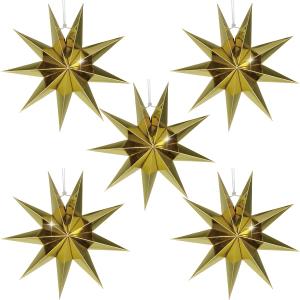 5Pack 9-Pointed Paper Star Lantern 11.8 inch Hanging Paper Lampshade for Winter Wonderland Xmas Day Decoration Wedding Birthday Party Home Decor (Gold)