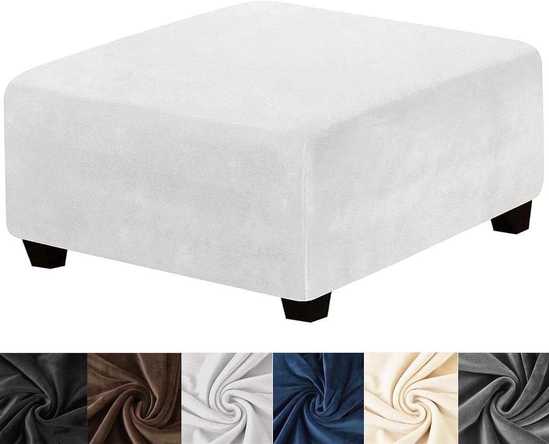 HFCNMY Ottoman Cover Square,Stretch Velvet Ottoman Cover Thick Ottoman Slipcover Square Washable Storage Foot Stool Cover with Elastic Bottom for Living Room White Medium