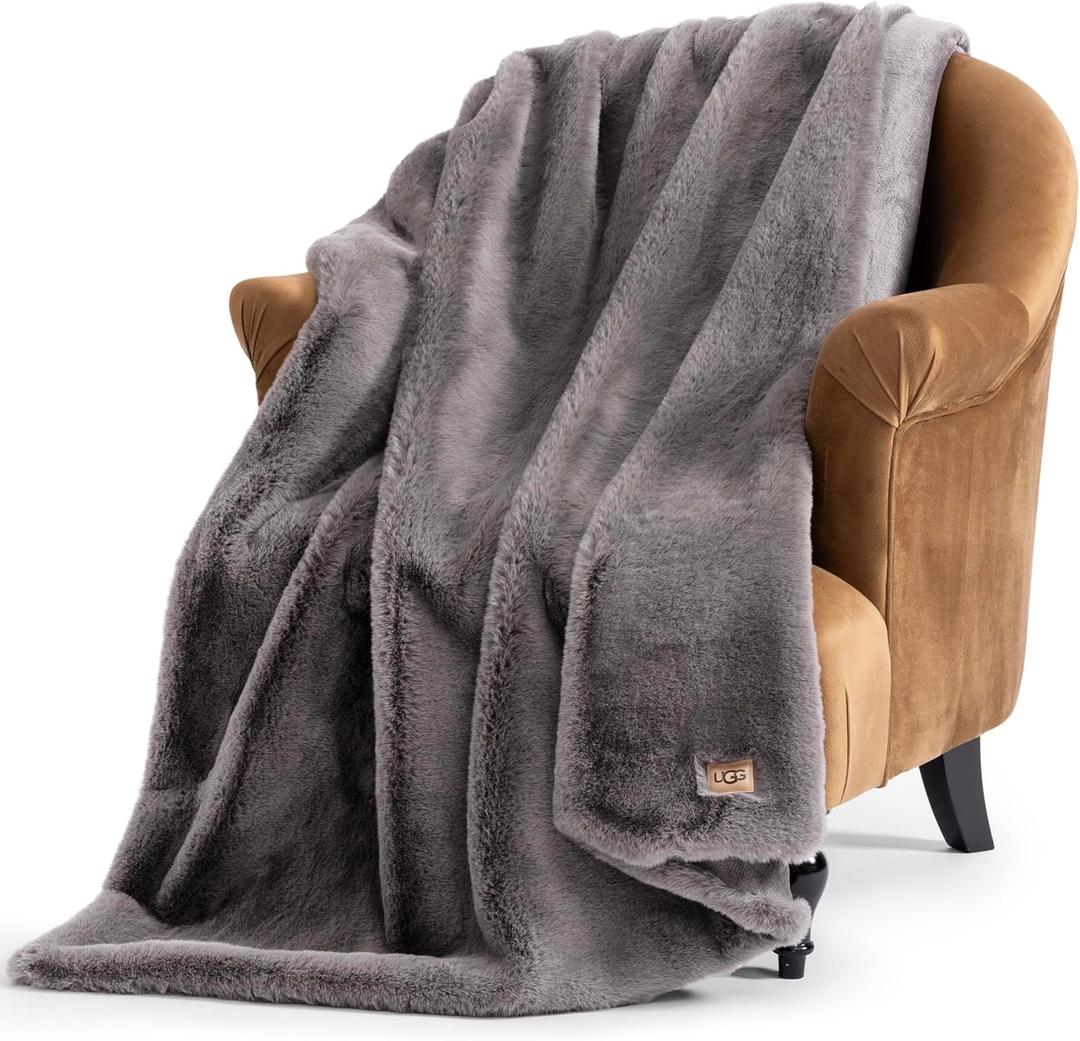 UGG Euphoria Faux Fur Throw Blanket, Oversized Soft Throw for Bed or Couch, Luxury Bedroom Decor, Plush Blankets, Machine Washable, 50-inch x 70-inch, Charcoal Grey