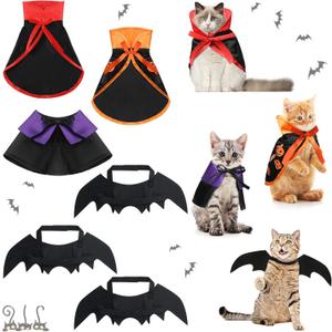 Reginary 6 Pcs Halloween Pet Cat Costume Set Includes 3 Cat Vampire Cloak Pumpkin Cape and 3 Bat Wings Halloween Witch Costume for Kitten Pet Dog Cosplay Halloween Party Decor