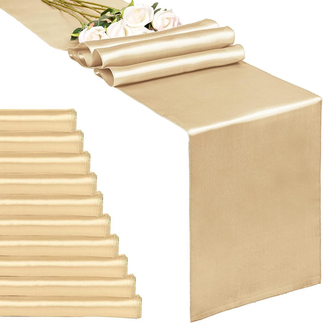 10-Pack Champagne 12 x 108 inches Long Premium Satin Table Runner for Wedding, Decorations for Birthday Parties, Banquets, Graduations, Engagements, Table Runners fit Rectange and Round Table