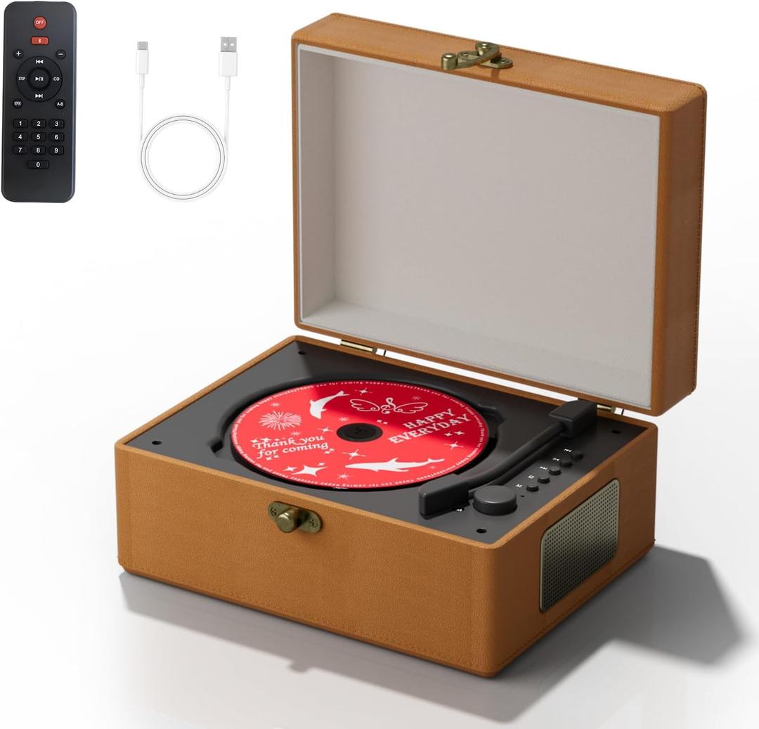 Yintiny Rechargeable Leather CD Player with Speakers; Bluetooth Transmitter; Festival Gift; BGM Player for Home Dcor (Brown)