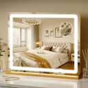 ROLOVE 23"x18" Gold Vanity Mirror with Lights, Large Lighted Makeup Mirror with 10X Magnifier, 3 Color Lighting & Stepless Dimming, Wall Mounted or Tabletop Desk Mirror for Bedroom