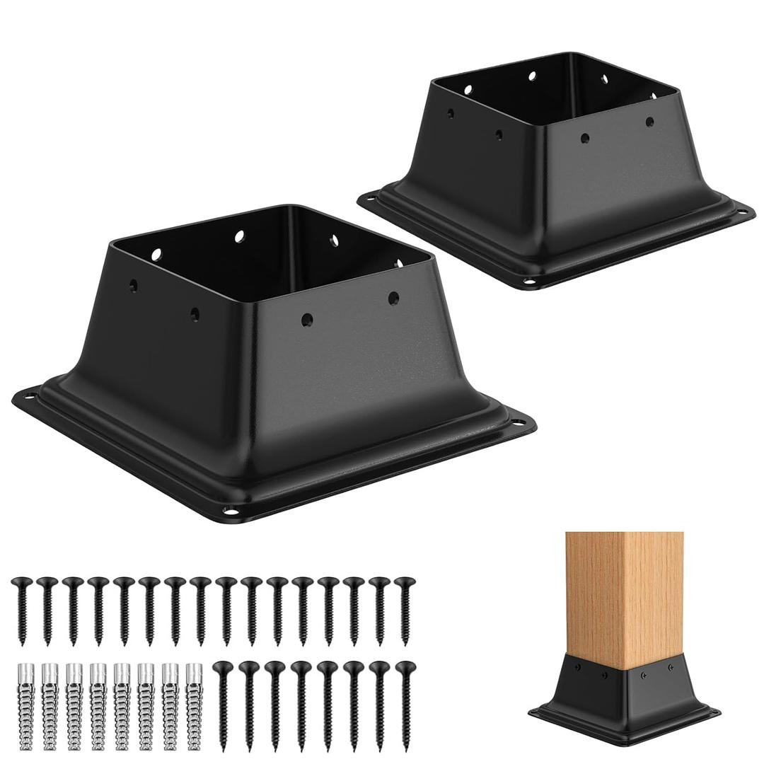 FMhotu 4x4 Post Base 2Pcs, Internal 3.6"x3.6" Heavy Duty Powder-Coated Steel Post Bracket Fit for 4x4 Standard Wood Post Anchor, Decking Post Base for Deck Porch Handrail Railing Support with Screws