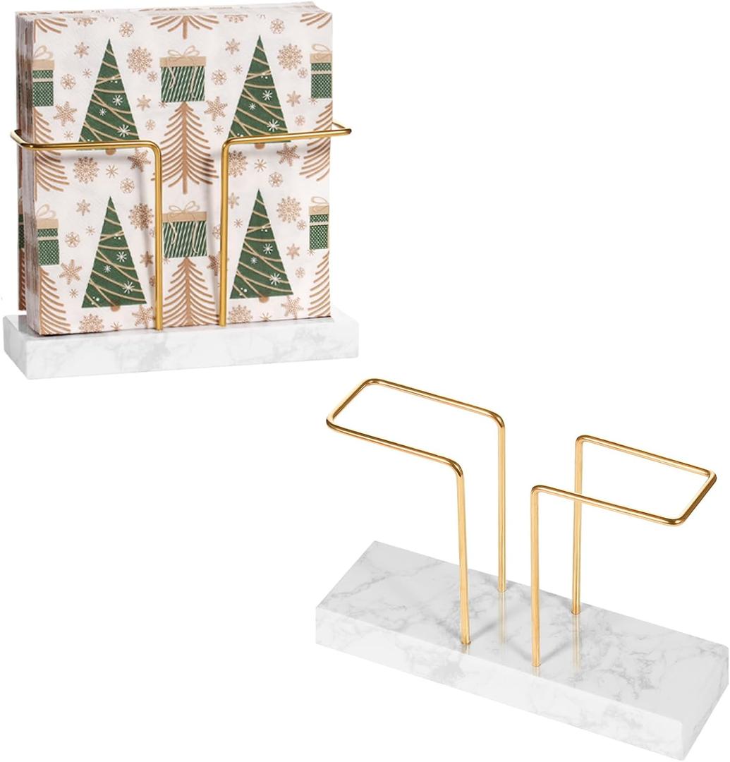2 Pack Cocktail Napkin Holder for Table,Natural Marble Napkins Holder with Metal Wire,Modern Tissue Paper Dispenser for Dining Table Bar Kitchen (6.8 x 6.8 inch Cocktail Napkin Holder)