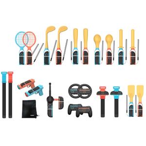 Switch2 Sports Accessories Bundle - 24 in 1 Family Pack with Tennis, Colf Clu Baseball Bat Maracas Kendo Leg Straps Hand Strap Storage Bag Fishing Rod Paddle Controller Grip Controller Racing Wheel for Switch 2 Joycon