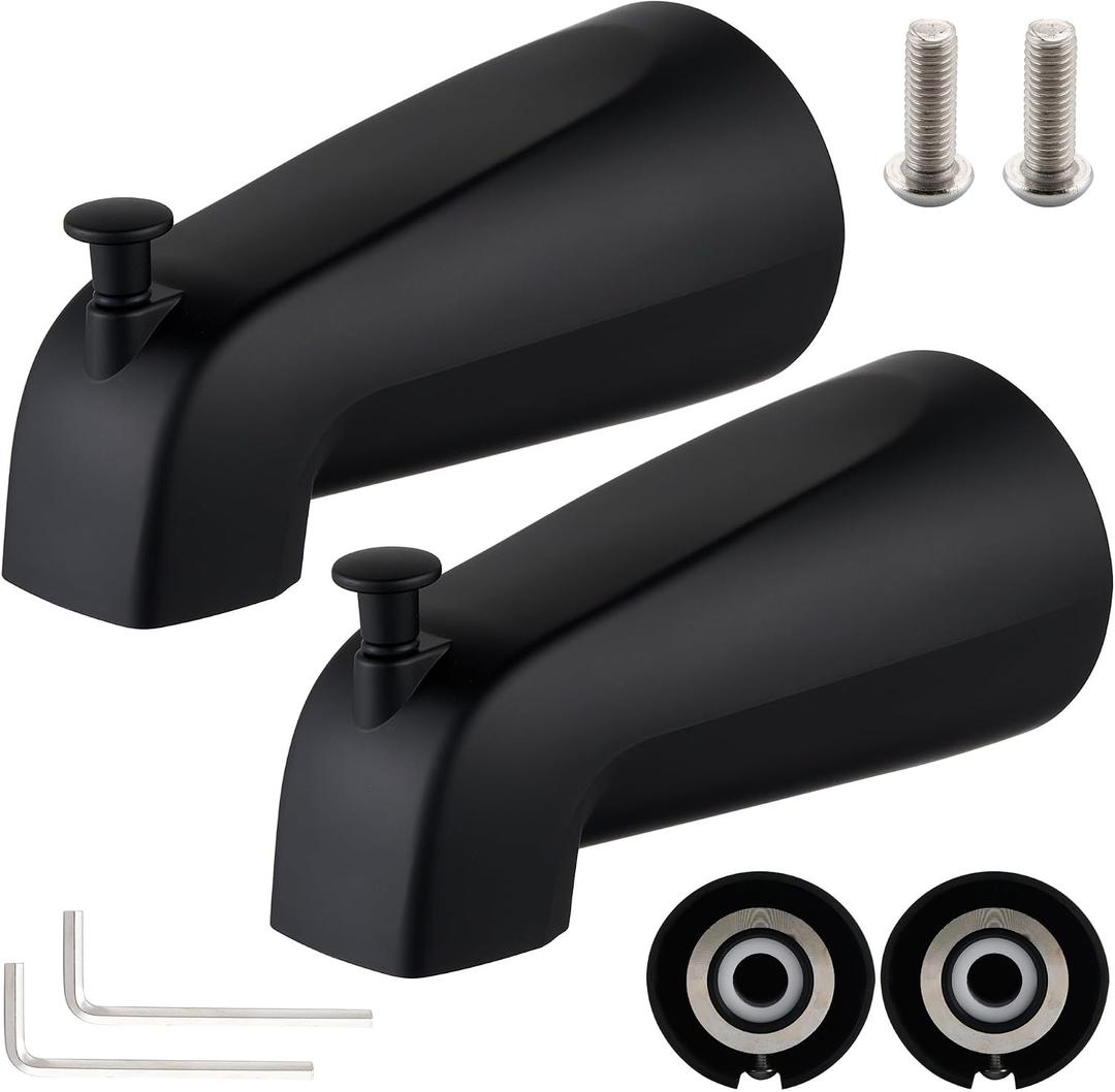Bathroom Tub Spout Plastic Non-Metallic Fits 4 Inch Reach Wall Front Mount, Slip-on Tub Spout with 1/2'' Copper Water Tube with Hex Wrench, Matte Black (2 Pack)