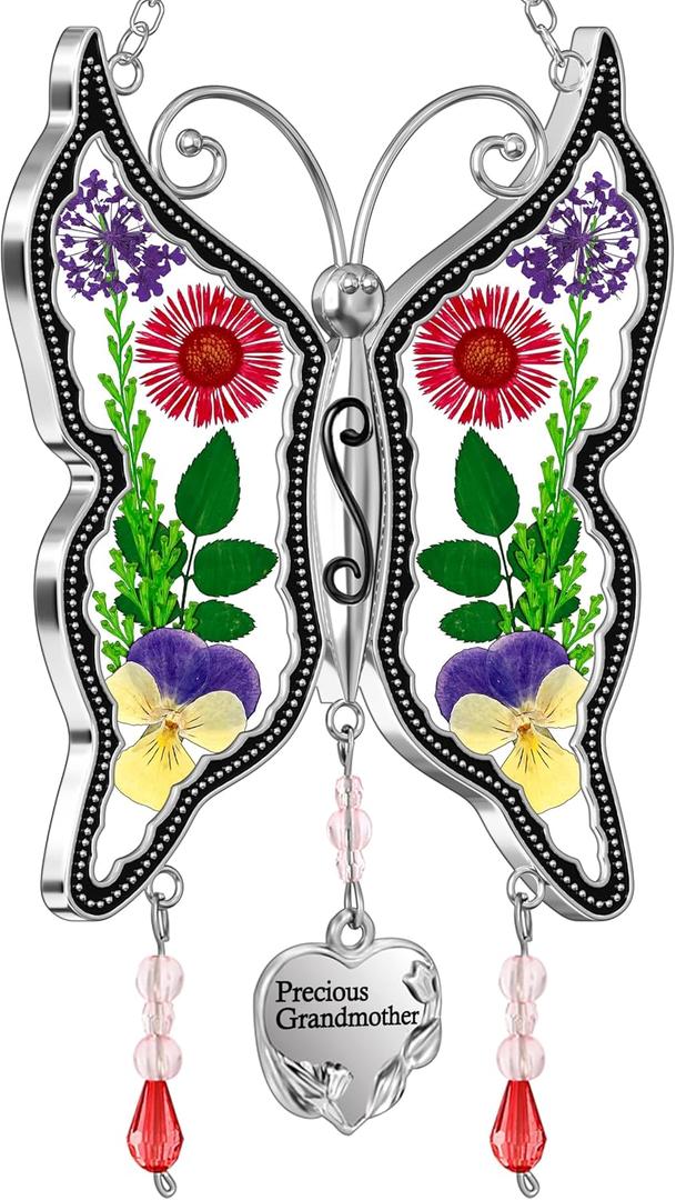 2 x KY&BOSAM Butterfly Suncatchers Precious Grandmother Stained Glass for Windows Hangings Wind Chimes with Pressed Flower Wings and Heart Charm Birthday Gifts for Grandma Mother`s Days Christams