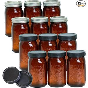 Jumterlee 12 Pack 32 oz Amber Mason Jars, Wide Mouth Mason Jars with Lids and Bands and 12 Black Plastic Mason Jar Lids, Canning Jars Used for Canning, Pickling, Juice, Jam, Jelly