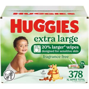 Huggies Extra Large Baby Wipes, Unscented, 9 Flip-Top Packs, 378 XL Wipes Total, Packaging May Vary