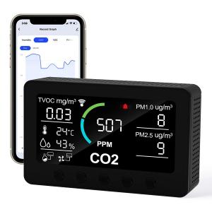 12 in 1 Air Quality Monitor Indoor, Air Quality Tester for Home, Air Quality Meters for CO2, TVOC, PM1.0,PM2.5, AQI,Temperature and Humidity,with APP and WiFi,Air Quality Detector for Home, Office (Black)
