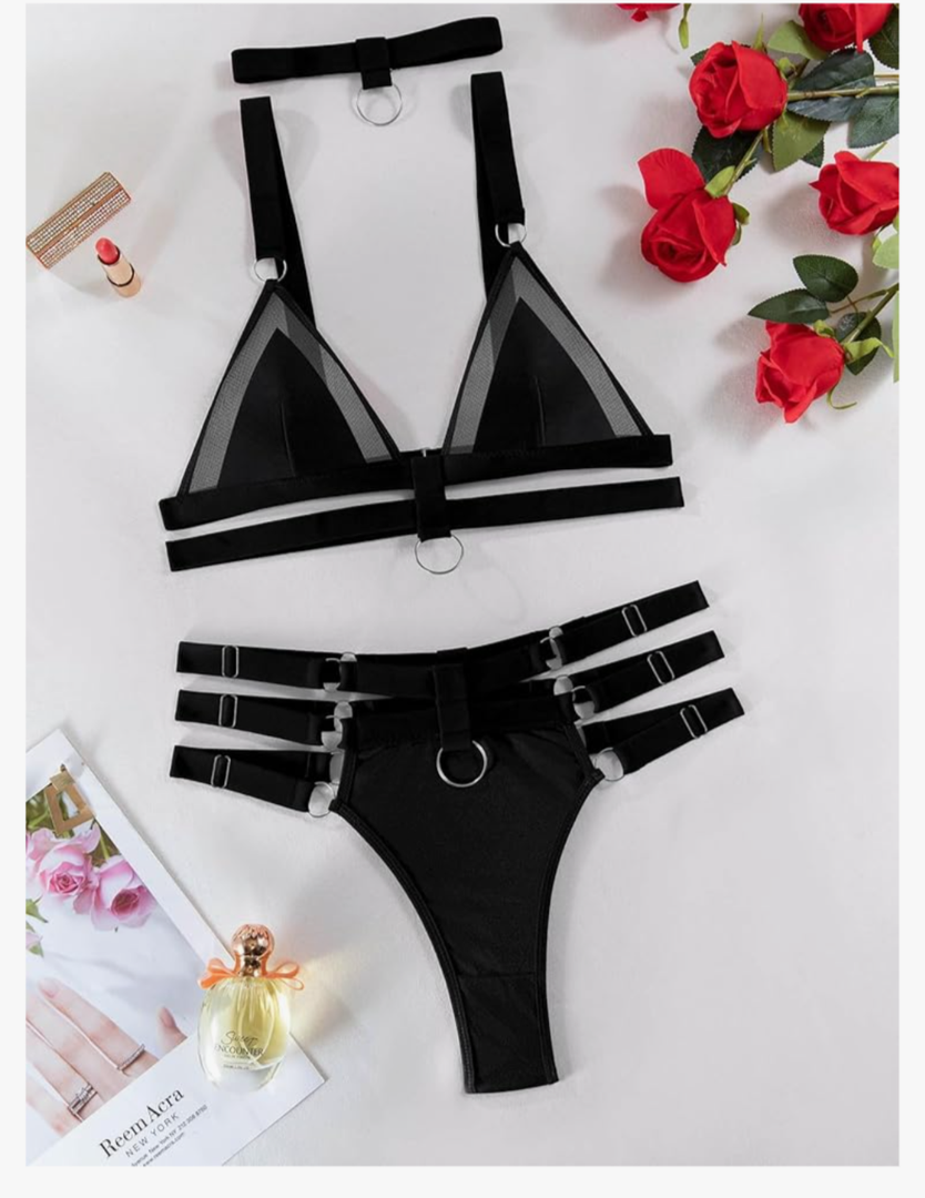 Lilosy Sexy Wireless Choker O Ring Linked Strappy Harness Lingerie Set Outfits 3 Piece M