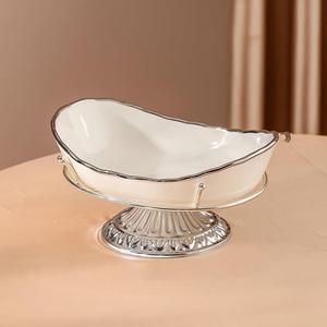 Fruit Bowl for Kitchen Counter, Ceramic Serving Bowls with Metal Stand, Tiered Fruit Basket for Fruit Storage, Snack, Nuts, Cake, Dessert Party Wedding Candy Storage Holder (Silver (large))