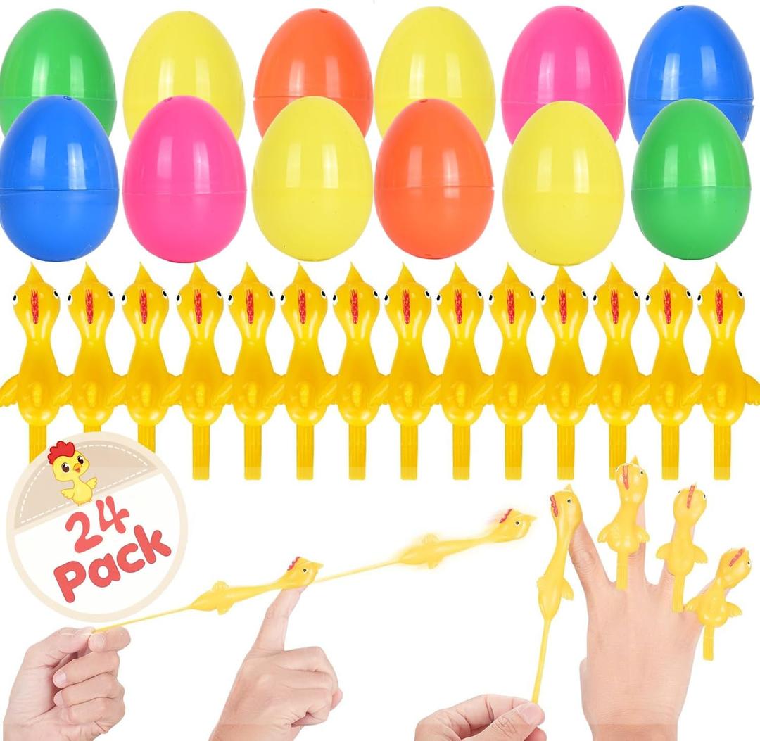 24 Pack Prefilled Easter Eggs with Flying Chicken Slingshot Toys,Easter Eggs Filled with Toys Inside,Easter Egg Hunt Stuffers Kit Class Prizes Gift Easter Egg Filleds for Kids Party Favor