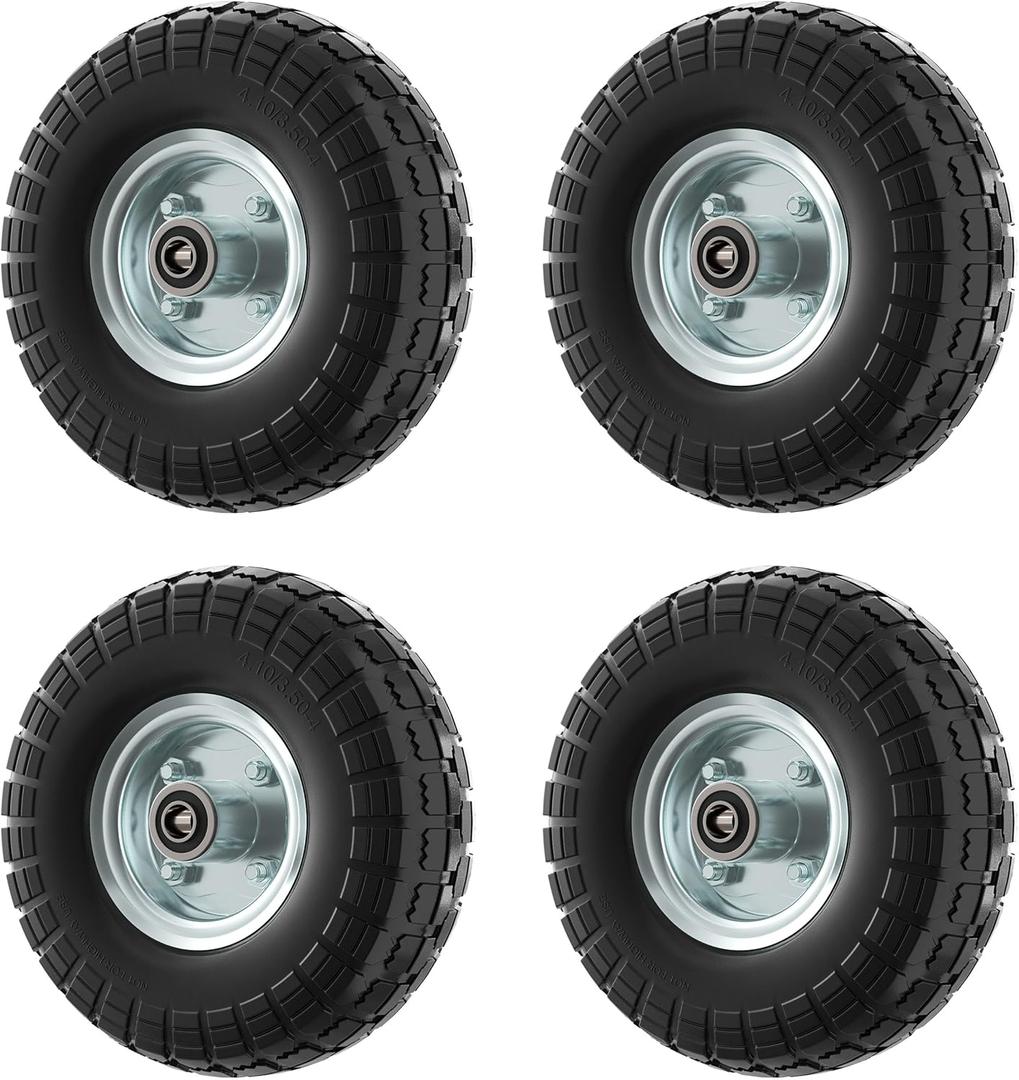 Houseables Wagon Wheel, 4.10/3.50-4 Tire, Gorilla Cart Tires Replacement, 10 Inch Solid Rubber, Gorilla Cart Wheels, Flat Free, Garden, Dolly, Barrow, Pressure Washer, Generator, 5/8 Axle Bore, 4 PK