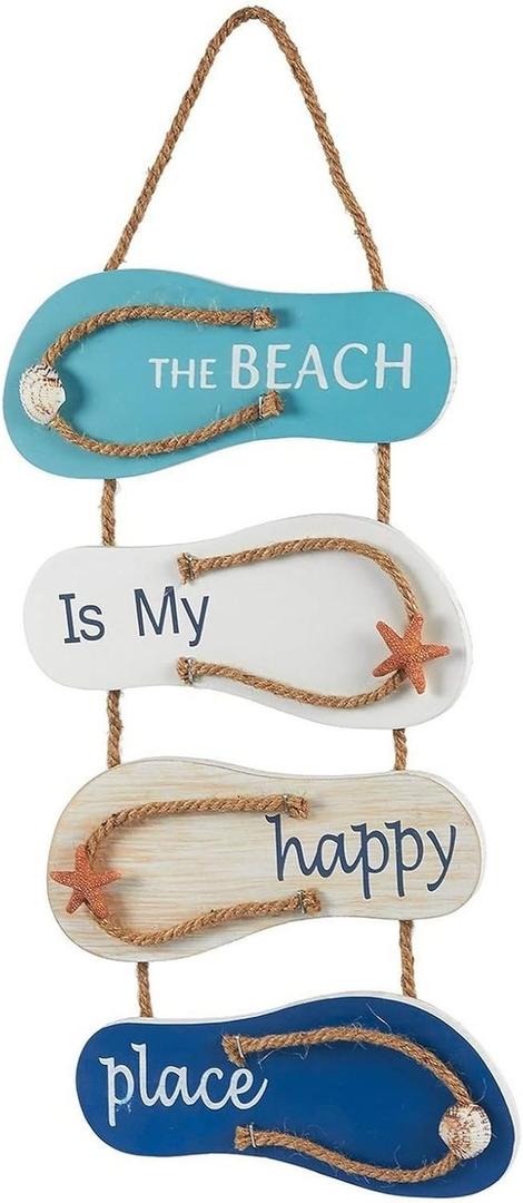 Juvale Wooden Flip Flop Beach Wall Decor Sign - Coastal Wall with Seashell & Rope Hanger - Beach Decor for Home, Bathroom, Living Room, Bedroom and Dining Room (8.7 x 20.9 in)