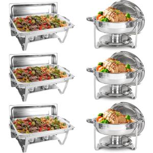 IMACONE Chafing Dish Buffet Set 6 Packs, 5QT Round& 8QT Rectangle Stainless Steel Chafer for Catering, Chafers and Buffet Warmer Sets w/Food & Water Pan, Lid, Fuel Holder for Event Party Holiday