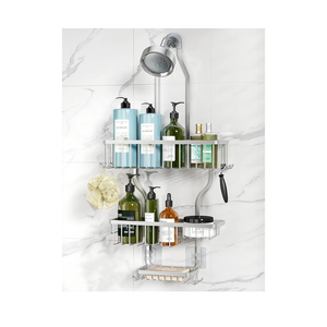 YASONIC Shower Caddy Hanging - Never Rust Shower Organizer - Aluminum Over The Head Caddy with 10 Hooks for Razor/Sponge - Rack with Soap Basket - Silver