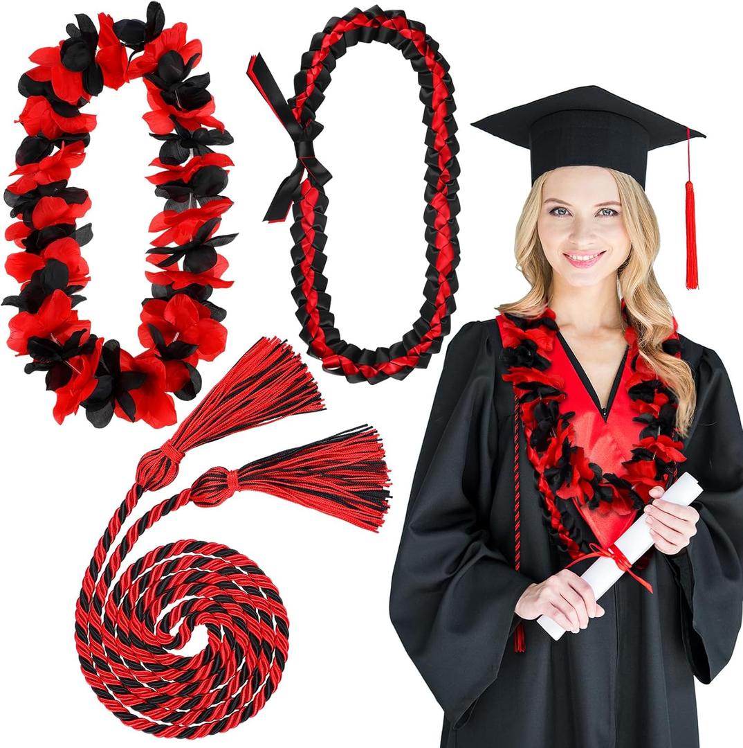 2025 Graduation Leis Set Include Hawaiian Flower Lei Garland Handmade Ribbon Necklace Braided Honor Cords with Tassels for Class of 2025 Graduation Party Favor Supplies(Red and Black)
