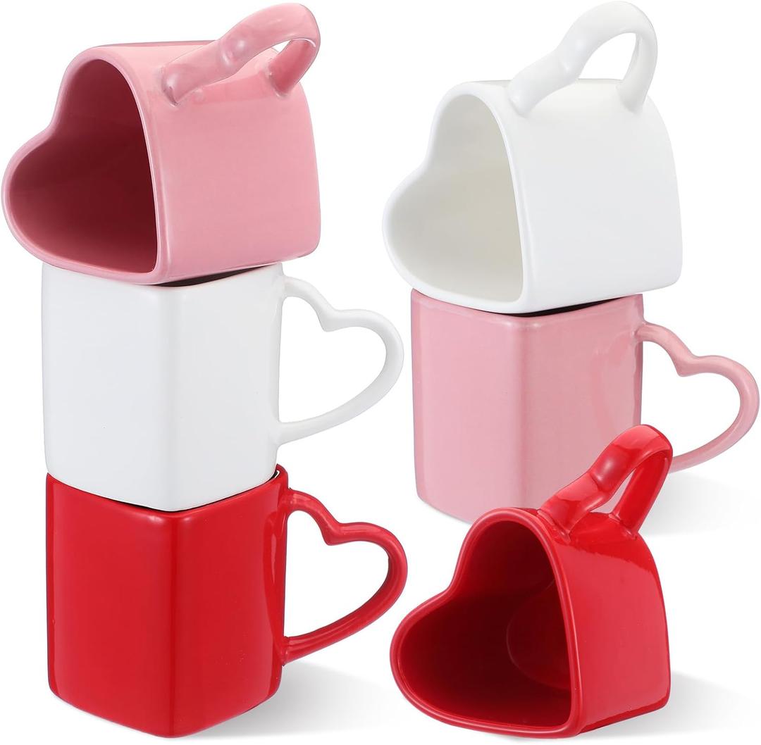 Domensi 6 Pcs Heart Shaped Ceramic Mugs Heart Coffee Cup with Handle Love Tea Cup Gift for Romantic Mother Wedding Anniversary Couple Lover (Red Pink White)