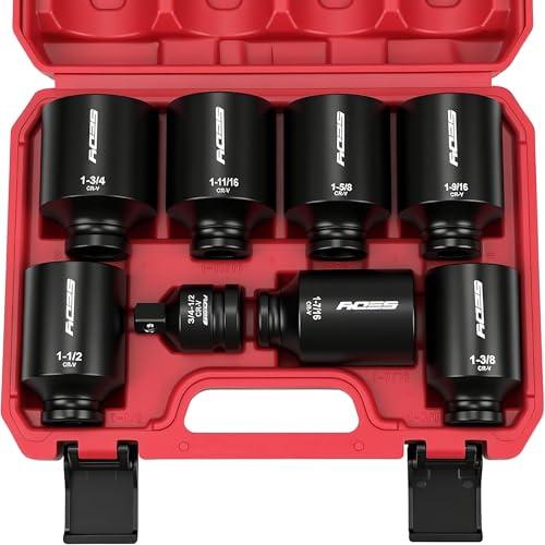 SAE Deep Impact Socket Set 8-Piece 1/2-inch Drive Wheel Axle Nut Wrench Large Sockets Standard Adapter 1-11/16 1-9/16 1-3/8 1-7/16 1-1/2 1-5/8 1-3/4 Imperial Spindle Joint Torque Bearing Locknut Truck