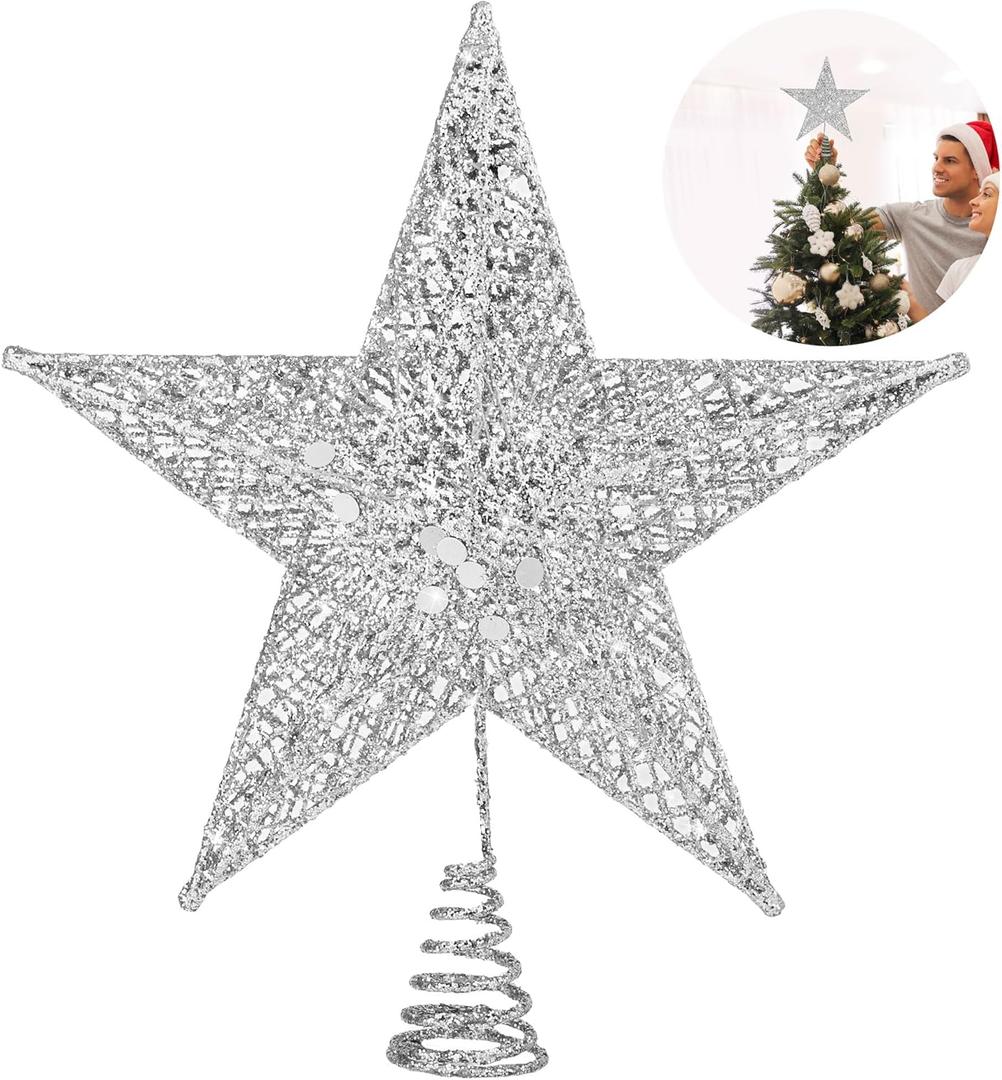 Fovths Christmas Tree Topper 8 Inches Metal Glittered Christmas Tree Topper Wire Star Treetop Sparkle Xmas Decoration for Christmas Tree Ornament Indoor New Year Holiday Party Supplies (Silver)