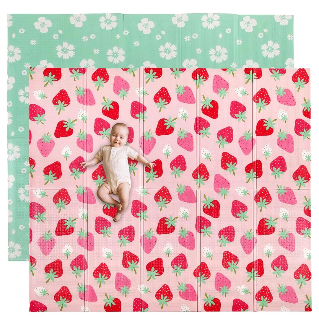 Wildkin Baby Play Mat  Large Waterproof Foldable Foam Mat for Infants & Toddlers - Strawberry Patch