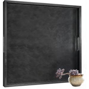 30 x 30 inches Leather Ottoman Serving Tray with Hole Handles, Square Extra Large Modern Service Tray for Living Room, Coffee Table, Bed, Tea, Food, Butler Countertop, Kitchen, Dinner, Picnic (Black)