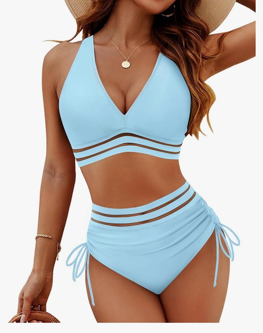 Blooming Jelly Women High Waisted Bikini Sets Tummy Control Swimsuits Color Block Two Piece Drawstring Bathing Suit M