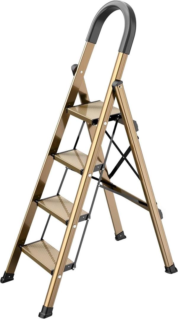 Lightweight Aluminum 4 Step Ladder Folding Step Stool Stepladders with Anti-Slip and Wide Pedal for Home and Kitchen Use Space Saving (Brown Gold)