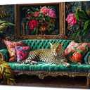 Cheetah Lying On Vintage Sofa Canvas Wall Art Eclectic Leopard Wall Decor Pictures Dopamine Animal Portrait Poster Prints for Living Room Home Bedroom Home Decoration 12x16in Ready to Hang