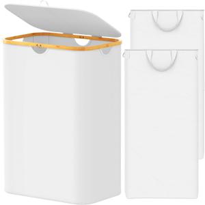 SpaceAid Double Laundry Hamper 2 Section with Lid and Removable Laundry Bags, 160L Clothes Basket with Bamboo Handles, Large Collapsible Hamper for Bedroom, Bathroom, Dorm, Laundry Room - White