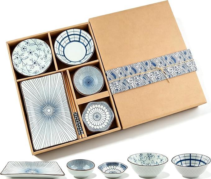 7 Pcs Japanese Style Ceramic Sushi Plate Set include 8.4 inch Rectangle Sushi Plates, 2 Sauce Bowls,2 Sauce Dish and 2 Pairs of Chopsticks for Dinner, Parties, Meat, Dessert, Dishwasher and Microwave Safe