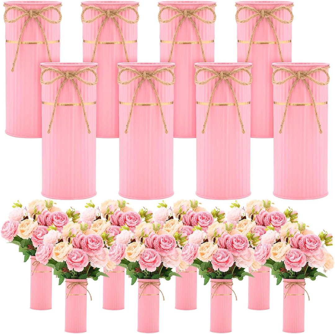 Mimorou 8 Pcs 7.48 Inch Wedding Vases for Centerpieces Mason Jars with Twine Bow Galvanized Metal Flower Vase Rustic Vintage Farmhouse Tin Bucket for Wedding Home Table (Pink)