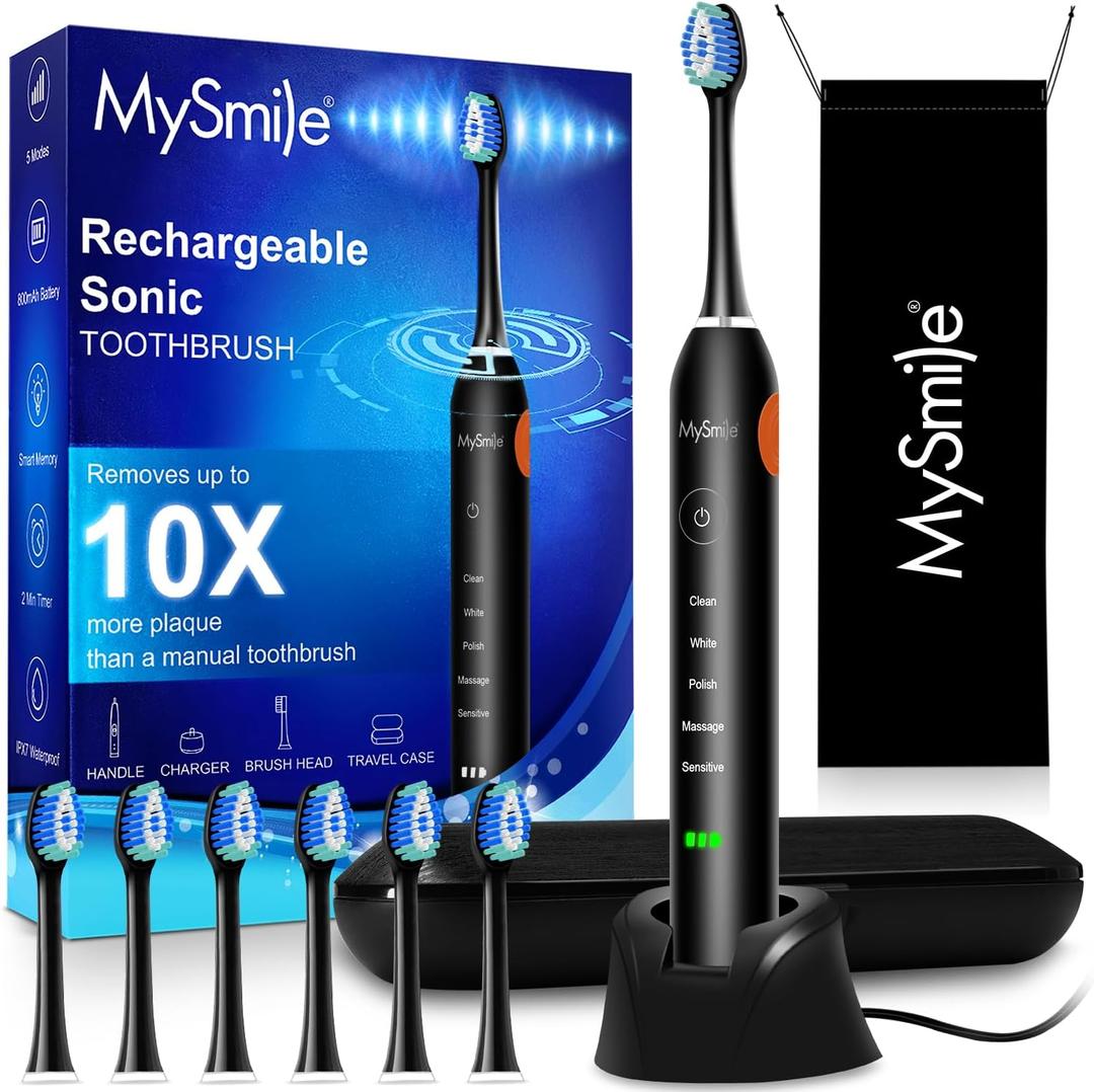 MySmile UC605 Electric Toothbrush for Adults, Rechargeable Sonic Electronic Toothbrush with 6 Brush Heads and Travel Case, 2 Mins 5 Modes Smart Timer, 48000VPM (Black)