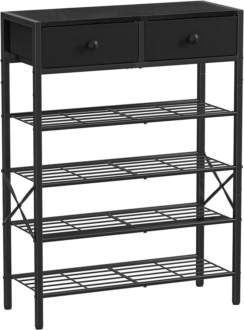 Shoe Rack for Entryway, 5 Tier Shoe Organizer with 2 Non-Woven Drawers, Metal Storage Shoe Shelf for 16-20 Pairs of Shoes, with Wooden Top and Steel Frame, Shoe Stand for Closet Charcoal