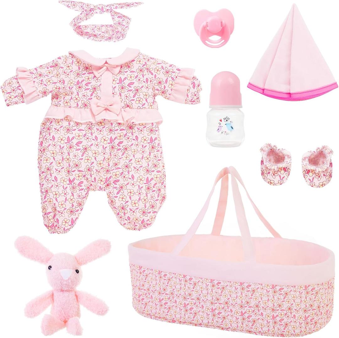 8 Pcs Baby Doll Clothes & Accessories Set with Bassinet for 17" - 22" Reborn Dolls