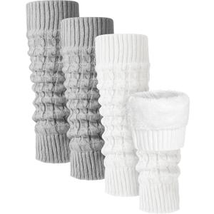 Shihanee 2 Pairs Winter Fleece Lined Leg Warmers for Women Warm Long Boot Socks Knit Thick Calf Warmers for Skating Walking (Grey,White)