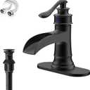 Matte Black Waterfall Bathroom Faucet, Single Handle Bathroom Sink Faucet 1 Hole or 3 Hole, Vanity Sink Faucet for Vintage Antique Lavatory Washroom with Pop Up Drain, Deck, 2 Hoses