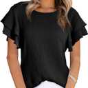 Dokotoo Womens Tops Ruffle Short Sleeve Crewneck Shirts Solid Casual Loose Babydoll Blouses (Small, Black)