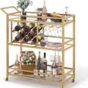 FATORRI Bar Cart Gold, Home Bar Serving Cart with Wine Rack and Glasses Holder, Wine Carts on Wheels with 3 Tier Mirrored Shelves for Liquor and Beverage (Gold), 13.98 D x 35.47 W x 36.30 H
