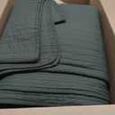palassio Striped Olive Green 100% Cotton Quilt King Size Bedding Sets, Lightweight Crinkly Channel Pick Stitch Textured Bedspread Soft Shabby Chic Farmhouse Country Coverlet for All Season, 2 Shams